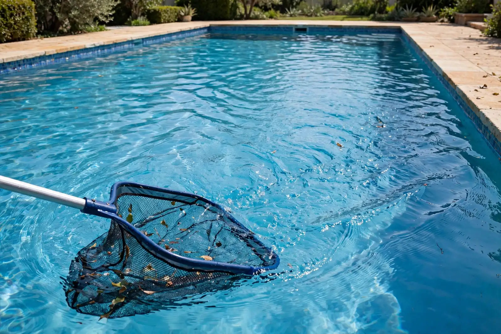 Skimmer net gliding across clear pool water