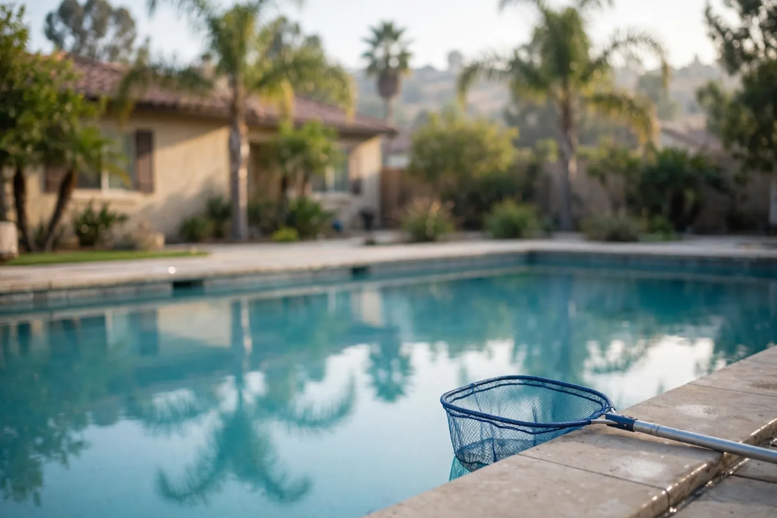 Still backyard pool water in morning light
